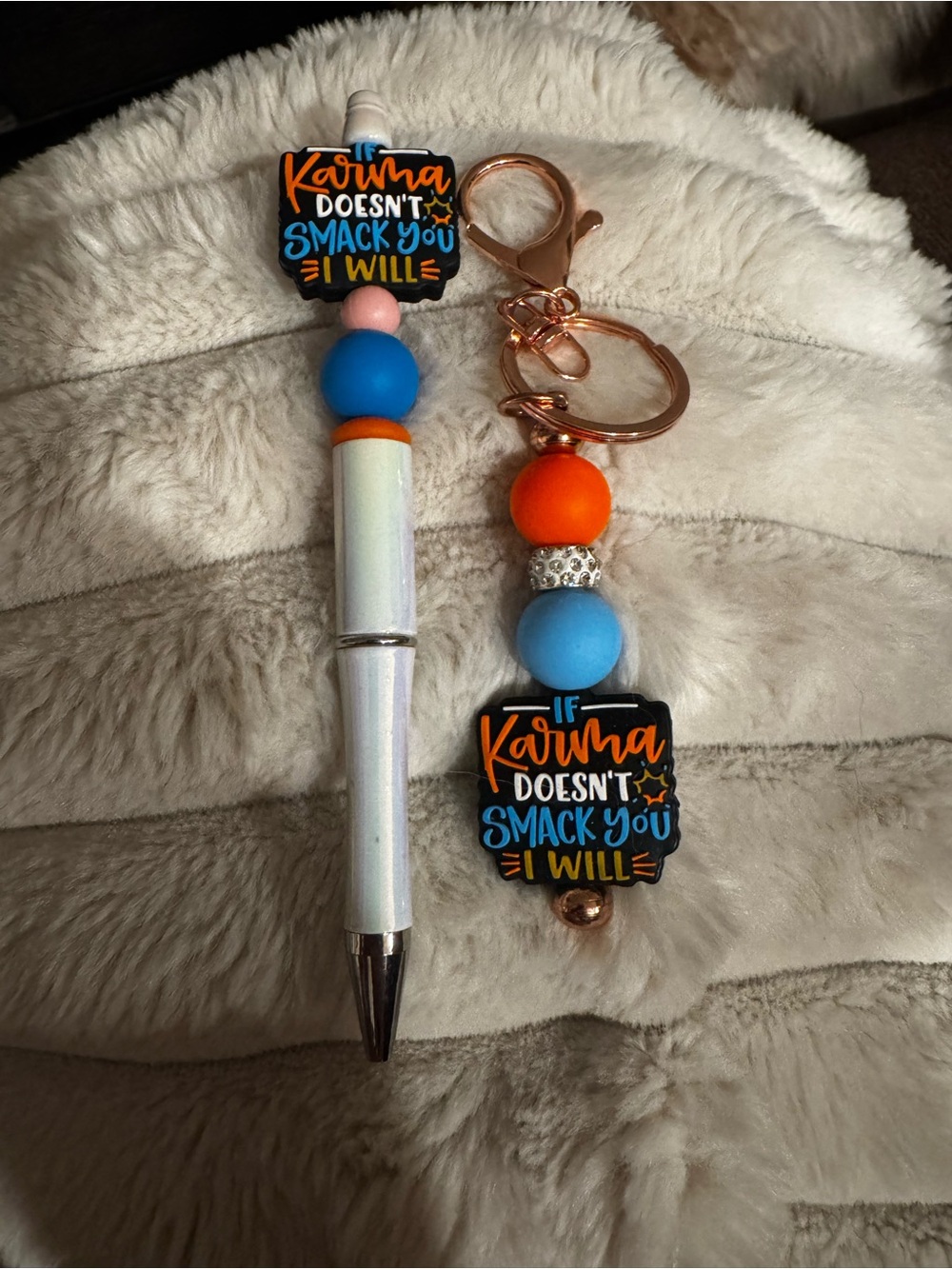Blue & Orange 'Karma Doesn't Smack You I Will' Keychain and Pen Set